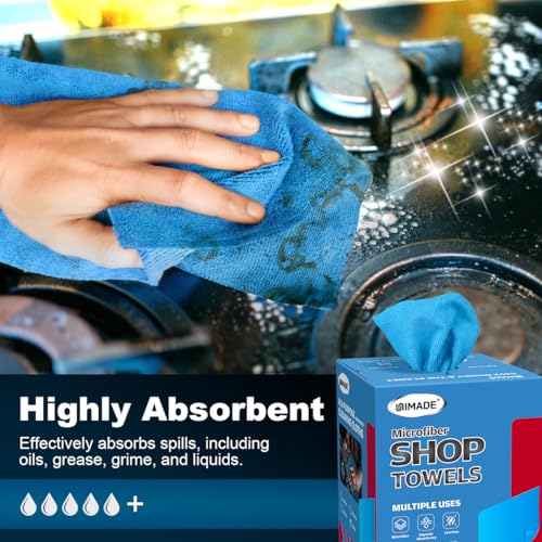 UNIMADE Shop Towels, 100 Sheets Microfiber Cleaning Cloth Commercial Grade Washcloths Lint-Free Bulk Shops Rags for Cars Mechanic Restaurant Garage Housekeeping, 11"x 9", Blue - color: Blue