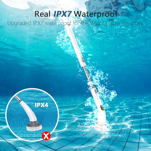 Keimi Electric Spin Scrubber, 2024 New Full-Body IPX7 Waterproof Cordless Bathroom Scrubber with 4 Replaceable Heads, Adjustable Extension Handle, Shower Cleaning Brush for Bathtub, Grout, Tile, Floor