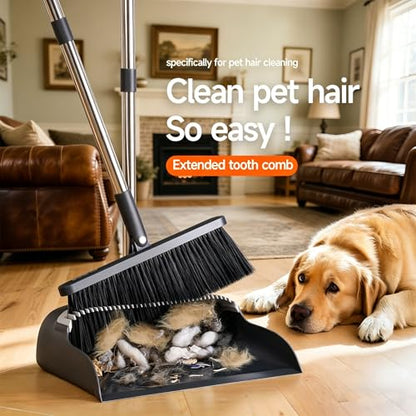 Broom and Dustpan Set, 52" Long Handle Standing Broom with Dustpan Combo Set with Dust Pan Teeth to Clean Pet Hair, Easy Sweeping Suitable for Home Kitchen Office Lobby