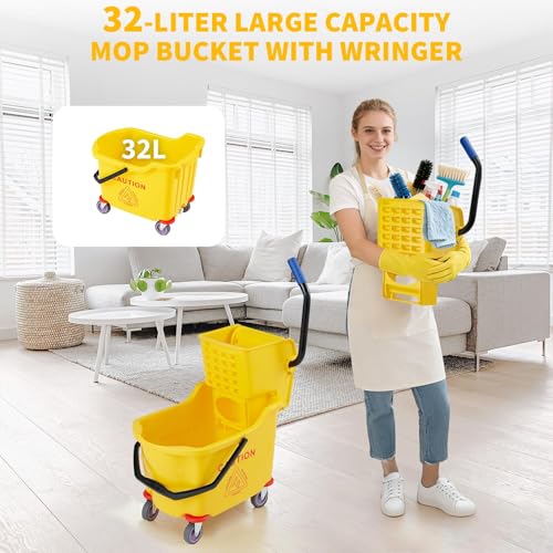 Heavy Duty 32L Commercial Mop and Bucket Set – Double Bucket Floor Cleaning System with Side Press Wringer, Rolling Wheels, for Janitorial, Restaurant, Office, Industrial Use – Yellow