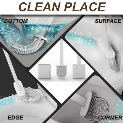 Silicone Toilet Brushes & Holders – Pack of 2 Long Non-Slip Handle, Flexible Bristles for Easy Cleaning – Modern Drip-Free Base, Durable White Bathroom Toilet Brush Set with Holder