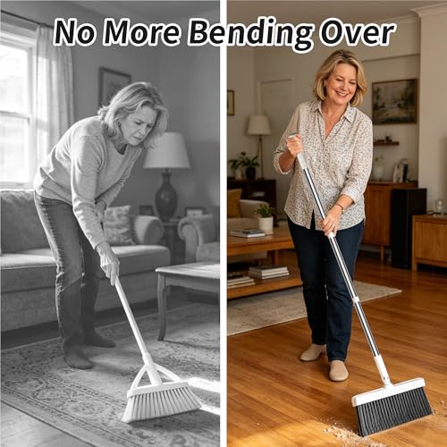 Household 53'' Broom and Dustpan Combo Set, Extra Long Handle Broom and ZeroGap Dustpan Sets with Teeth, Upright Storage Broom and Dustpan Sets for Home and Kitchen Off White