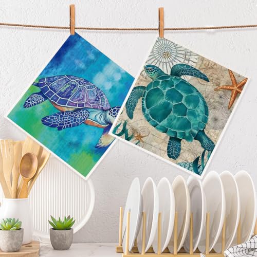 2 Pcs Blue Turtle Swedish Dishcloths, Vintage Swedish Dishcloths for Kitchen Home, Super Absorbent Cellulose Sponge Cloths Cleaning Towels Reusable Paper Towels Turtle Gifts - color: Lm 853