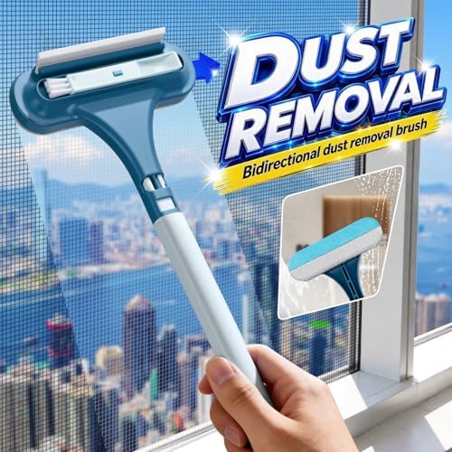 2-in-1 Screen Cleaning Brush with Squeegee - Window Mesh Cleaner & Pet Hair Remover for Couch, Multi-Use Crevice Tool for Patio and Porch Screens (Cyan Blue)
