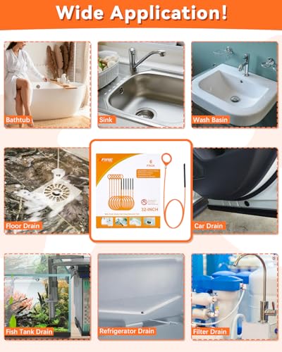 32 Inch Anti-Break Metal Snake Drain Hair Removal Tool (6PCS) | Nylon Coating Sink Snake, Drain Cleaner Hair Catcher Remover for Shower, Bathroom Sink Tub - color: Orange-32inch
