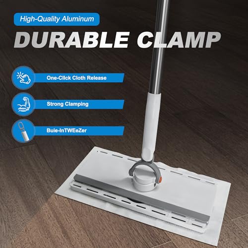 Hands Free Flat Mop One Click, 51" Long Handle Zero Touch Disposable Dust Mop Compatible with Swiffer Wet/Dry Pads Click Cloth Change Wet/Dry Pads, Dust Mopping for Hardwood, Tile, Floor