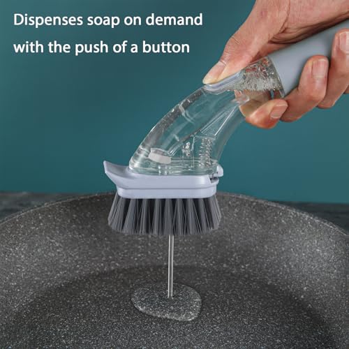 DAPOWER Soap Dispensing Dish Brush with Handle, Kitchen Scrub Brush for Dishes Pots Pans Sink Cleaning (Grayish Blue) - color: Grayish Blue