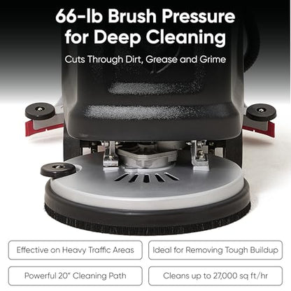 Battery Powered Walk-Behind Floor Scrubber Polisher Machine, 20" Cleaning Path, 14.5/17 Gal Tanks, Brush Speed 200RPM, 4Hr Runtime, Includes 2 Brushes & 3 Scouring Pads – 2-Year Warranty - size: 20" Manual
