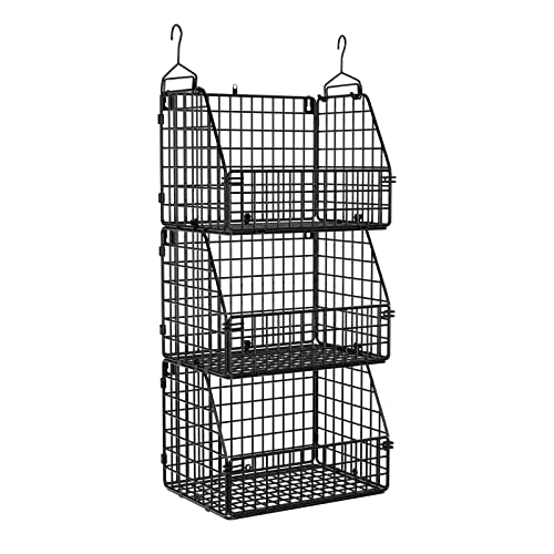 PUPPYCUTE Stackable Wire Storage Baskets for Kitchen Closet Pantry, Hanging Closet Organizers Storage Shelves Organization, Wall Mount Metal Basket Bins, Clothing Vegetable & Fruit Organizer 3 pcs - color: Black-3pcs