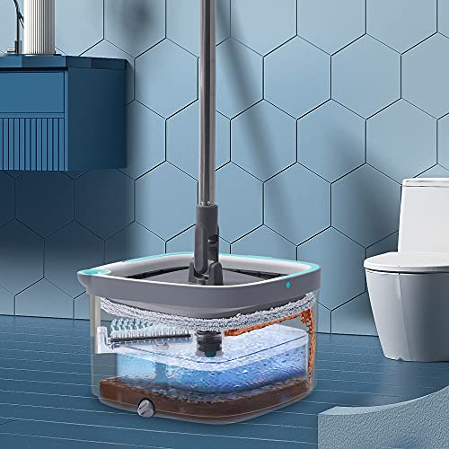True & Tidy SPIN-800 TrueClean Mop and Bucket System Self Wringing Spin Mop with Separate Compartments for Clean and Dirty Water, Square Spin Floor with 2 Machine Washable Pads - color: Gray