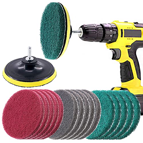 Swpeet 16Pcs 5Inch 3 Scrubbing Pads Drill Powered Brush Tile Scrubber Scouring Pads Cleaning Kit, Abrasive Buffing Pads Replacement with 1 Pcs Hook Attachment for House Cleaning