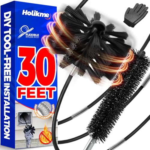 Holikme 30 Feet Dryer Vent Cleaner Kit, Flexible Lint Brush with Drill Attachment, Fireplace Chimney Brushes Extends Up to 30 Feet for Easy Cleaning, Use with or Without a Power Drill, Black - color: Black, size: 30feet