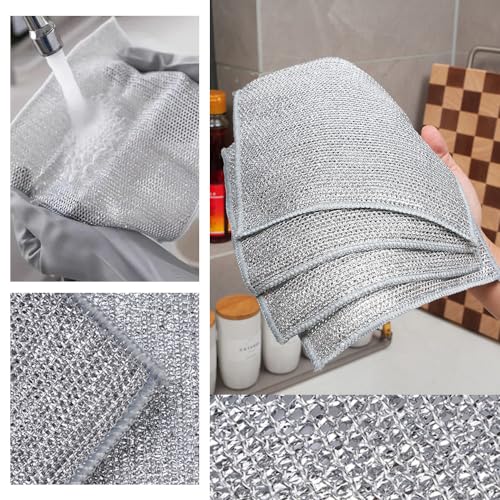 Non Scratch Wire Dishcloth Wet and Dry, 2024 New Kitchen Dish Towels Double Layer Wire Dishwashing Rags Cleaning Pads, Multipurpose Metal Wire Dishcloth Reusable Scrubbing Pads for Kitchen (10PCS)