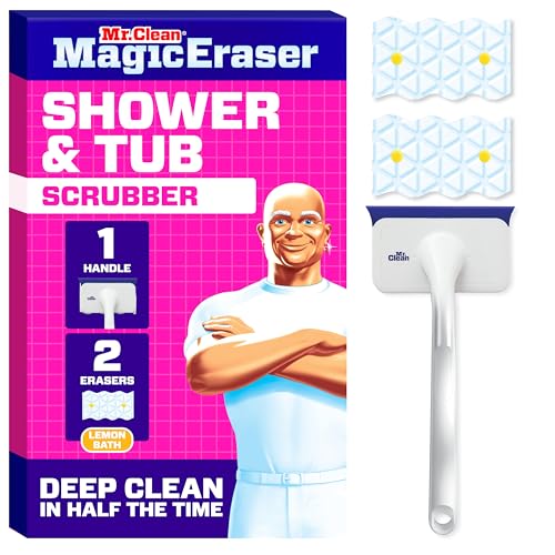 Mr. Clean Magic Eraser Shower & Tub Scrubber, Bathroom Cleaner, All in One Bathroom Cleaner, Lemon Starter Kit, 1 Scrubber & 2 Foaming Magic Erasers (Pack of 8) - size: 1 Device + 2 Refills (Pack of 8)