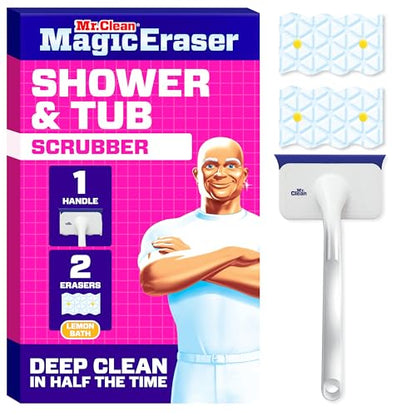 Mr. Clean Magic Eraser Shower & Tub Scrubber, Bathroom Cleaner, All in One Bathroom Cleaner, Lemon Starter Kit, 1 Scrubber & 2 Foaming Magic Erasers - size: 1 Device + 2 Refills