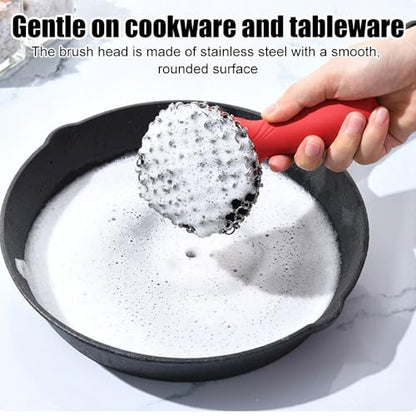Cast Iron Cleaner, Stainless Steel Cast Iron Scrubber with Silicone Handle, Portable Kitchen Cleaning Brush for Kitchen Pots Pans Sink - color: Brown