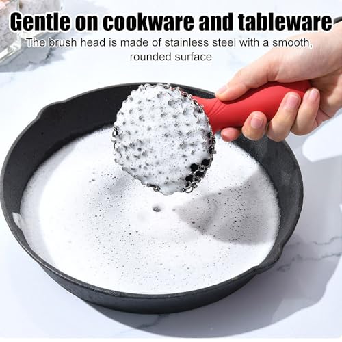 Cast Iron Cleaner, Stainless Steel Cast Iron Scrubber with Silicone Handle, Portable Kitchen Cleaning Brush for Kitchen Pots Pans Sink - color: Red