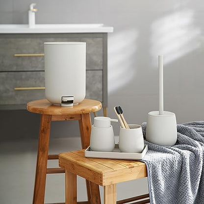 GAHEFY Small Beige White Bathroom Accessories Set with Mini Trash Can 3 Liter/0.8 Gallon,Toothbrush Holder,Soap Dispenser,Vanity Tray,Toilet Brush and Holder (Beige White 5pcs) - style: Beige white 5pcs