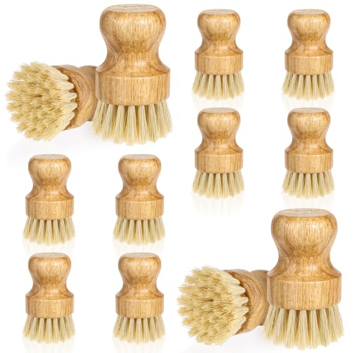12 Packs Bamboo Dish Scrub Brush Wooden Washing Scrubbers with Sisal Bristles Kitchen Palm Pot Brush Round Mini Dish Brushes for Household Iron Pot Pan Sink Sink Vegetables Cleaning - color: Yellow