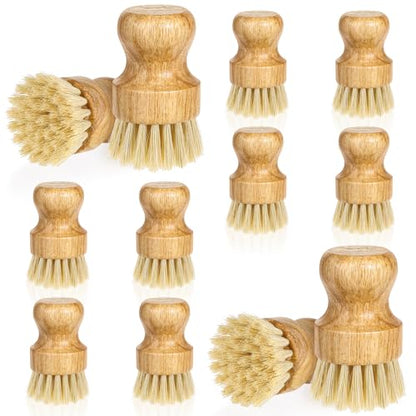 12 Packs Bamboo Dish Scrub Brush Wooden Washing Scrubbers with Sisal Bristles Kitchen Palm Pot Brush Round Mini Dish Brushes for Household Iron Pot Pan Sink Sink Vegetables Cleaning - color: Yellow