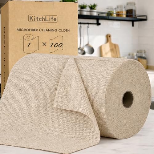 KitchLife Microfiber Cleaning Cloth Roll, 100 Pack - Tear-Away Microfiber Paper Towels, Lint-Free, Reusable, Washable for Kitchen, Car, Dishes, and Sensitive Surfaces (Sand Beige) - color: Sand Beige, size: 100 Pack