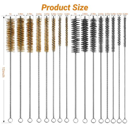 RAWILL 16Pcs Tube Cleaning Brush, Brass Stainless Steel Engine Cleaning Brushes, 12 Inch Long Round Wire Pipe Cleaner for Deep Pipes, Auto Parts, Engine Parts, 8 Sizes - color: 16 PC