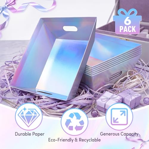 AFOROEOA 6PACK Laser Baskets for Gifts Empty, 12x10x4” Holographic Iridescent Gift Basket Kit with 6 Bows & 6 Bags - Kraft Empty Gift Baskets for Christmas, Weddings, Birthdays, Holiday Gifting Hampers - color: 6 Laser