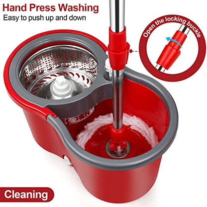 Spin Mop and Bucket with Wringer Set，Mop and Bucket Set for Floor Cleaning with 3 Mop Refills 61 inches Telescoping Rod for Office and Home use - color: Red
