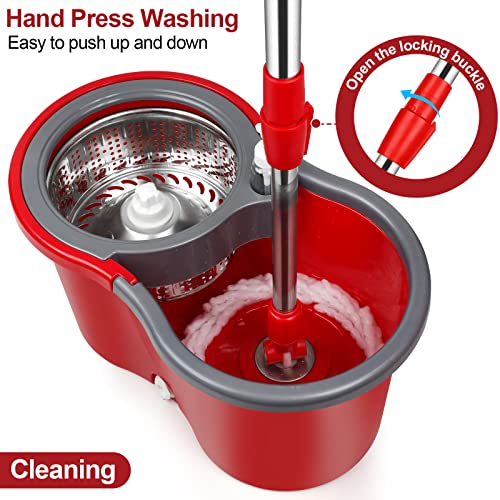 Spin Mop and Bucket Set, 360° Spin Mop and Bucket with Wringer Set and 3 Microfiber Mop Refills, Stainless Steel 61" Extended Handle Spinning Mop Bucket System for Floor Cleaning