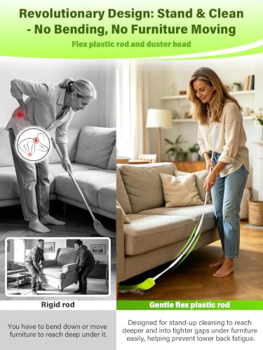 Bend-Free Gap Dust Cleaner Cleaning Tools Washable Flat Duster Brush with 4 Microfiber Chenille Dusting Cloths Long Handle 56 inches for Cleaning Under Appliances Furniture Couch Bed Fridge Ceilings