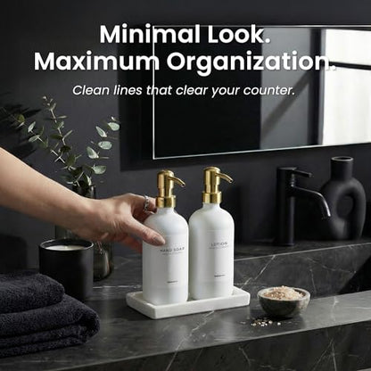 MaisoNovo Soap and Lotion Dispenser Set - Bathroom Soap Dispenser Set with White Soap Dispenser, Gold Pumps & Ceramic Tray - color: White Bottles/ Golden Pumps/ White Ceramic Tray