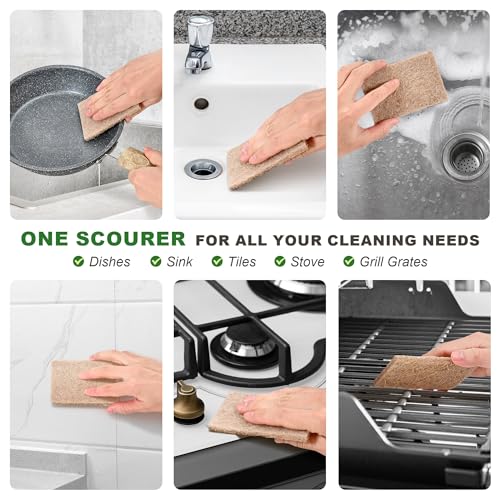 24 Pack Natural Scouring Pads - Heavy Duty Scrubbing Pads for Dishes - Non-Scratch - Reusable - Natural, Eco-Friendly, Biodegradable Sisal Fibers Sponges for Dishes, Compostable