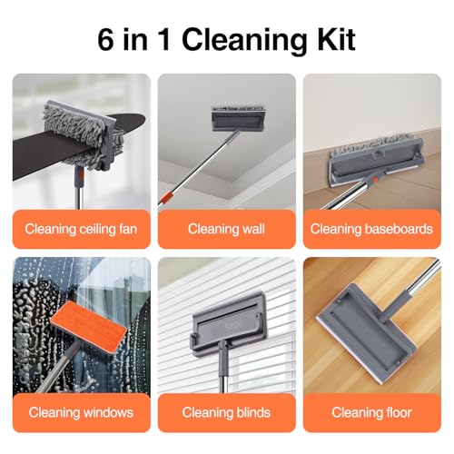 Ceiling Fan Cleaner Duster with 80" Stainless Steel Extendable Pole, 6-in-1 High Reach Fan Duster for Ceiling Fan Blades with 4 Reusable Mop Pads for Fan, Wall, Floor, Blind, Baseboard & Window