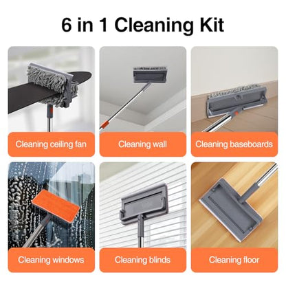 Ceiling Fan Cleaner Duster with 80" Stainless Steel Extendable Pole, 6-in-1 High Reach Fan Duster for Ceiling Fan Blades with 4 Reusable Mop Pads for Fan, Wall, Floor, Blind, Baseboard & Window