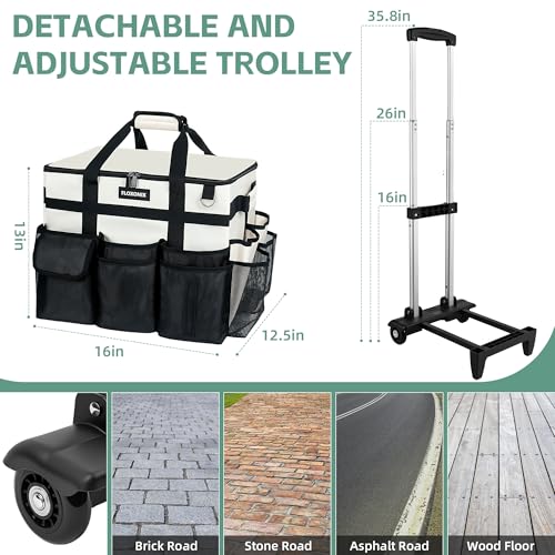 Large Rolling Cleaning Caddy Bag with Wheels, with Detachable Trolley, Cleaning Bags on Wheels for Housekeepers, Cleaning Cart Supplies Organizer for Home, Car, Picnic (Beige) - color: Beige