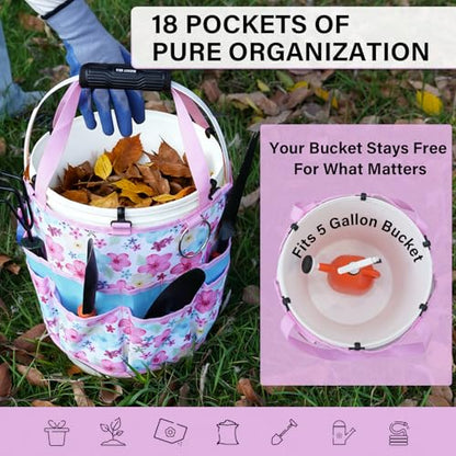 KUNN Gardening Gift for Women Men 5 Gallon Bucket Tool Organizer with 18 Pockets, Heavy-Duty Bucket Buddy Caddy Bag, Garden Tools Organizer Storage with Comfort Grip Handle Pad Attachment,Pink - style: Pink Blossom