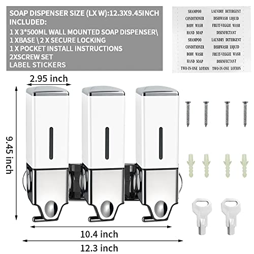 3 x 500ml per Cup Wall Mounted Manual Soap Dispenser for Home, Bath, Kitchen, Hotels, Restaurants. Shower and Lotion Dispenser(White) - color: White,transparent, size: 3 Chamber
