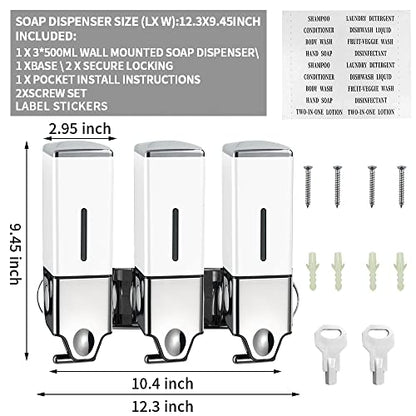 3 x 500ml per Cup Wall Mounted Manual Soap Dispenser for Home, Bath, Kitchen, Hotels, Restaurants. Shower and Lotion Dispenser(White) - color: White,transparent, size: 3 Chamber
