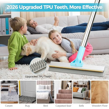Carpet Rake for Pet Hair Removal, 2026 Upgraded Reusable Pet Hair Remover Broom, 54’’ Adjustable Long Handle Dog & Cat Carpet Rake,2 Pcs Carpet Brush Rake for Rugs, Mats, Couch, Furniture