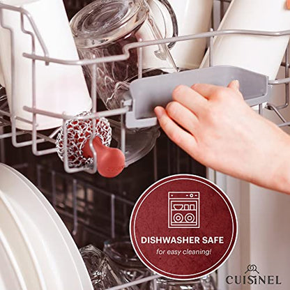 Cuisinel Cast Iron Chainmail Scrubber + Pan Scraper - The Patented Original Ergonomic Stainless & Silicone Pot & Skillet Cleaner - Premium Food-Safe Design - Easy Clean Dishwasher Safe Cookware Sponge - color: Red, size: Standard