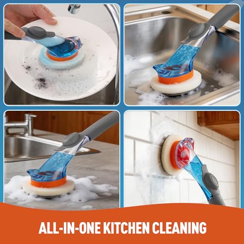 CLEANHOME Dish Wand with Soap Dispenser Scrubber Brush | With 6 Replaceable Magic Tape Sponge Pads for Cleaning Dishes, Kitchen Sink, Pots, Pans, Toilet & Bathtub