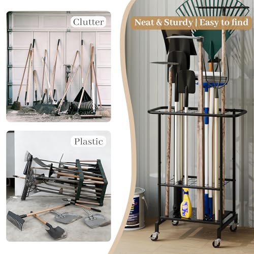 Garden Tool Organizer with Wheels, Heavy Duty Metal Garage Tool Storage Rack, Yard Tool Holder for Long-Handled Tools, Rakes and Brooms, Indoor and Outdoor Use for Shed, Patio - style: Tool Rack with Wheels