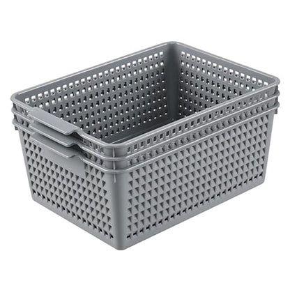 Set of 3 Large Plastic Baskets, Plastic Storage Bin Organizer, Gray | Durable Plastic, Home Organization, Space - Saving Storage, Suitable for Shelves, Closets, Cabinets, Bathrooms and Offices