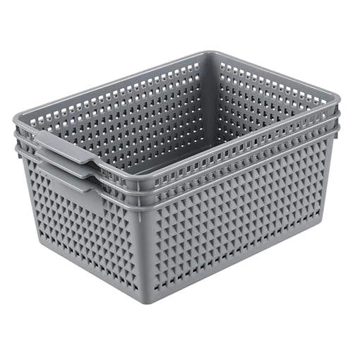 Set of 3 Large Plastic Baskets, Plastic Storage Bin Organizer, Gray | Durable Plastic, Home Organization, Space - Saving Storage, Suitable for Shelves, Closets, Cabinets, Bathrooms and Offices
