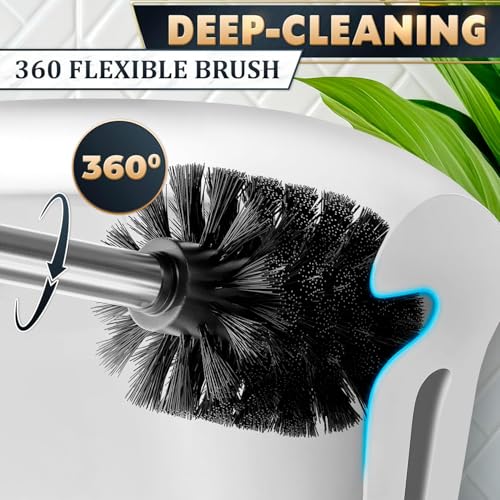 Stylish Stainless Steel Toilet Brush and Holder Set - Silver Toilet Bowl Brush and Holder with Splash Cover, Sturdy Bristles, Corrosion & Scratch Resistant - Elegant Design, Effective Deep Cleaning - color: Silver