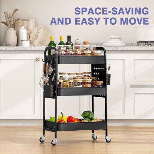 KINGRACK 3 Tier Rolling Cart with DIY Pegboard, Metal Utility Cart with Wheels, Hooks & Baskets, Sturdy Storage Organizer for Craft, Bathroom, Kitchen, Office, Nursery, Classroom - color: Black