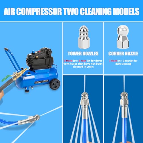 Dryer Vent Cleaner Kit - 32ft Pressure Hose + 1/4 Air Quick Connect + 2 Jetter Nozzle for Powerful Lint Removal, Fire Hazard Reduction & Energy Savings – Ideal for Cleaning Long Dryer Ducts - color: Blue