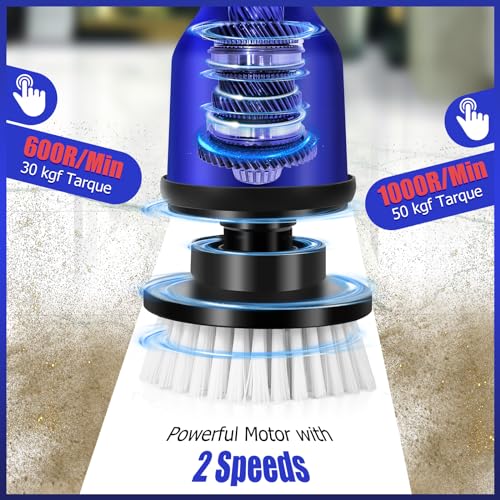 2 Batteries Electric Cleaning Brush for Bathroom, 1200RPM Power Cordless Spin Scrubber with 6 Replaceable Brush Heads and Telescopic Handle, 2 Speeds for Shower Bathtub Kitchen Window Car