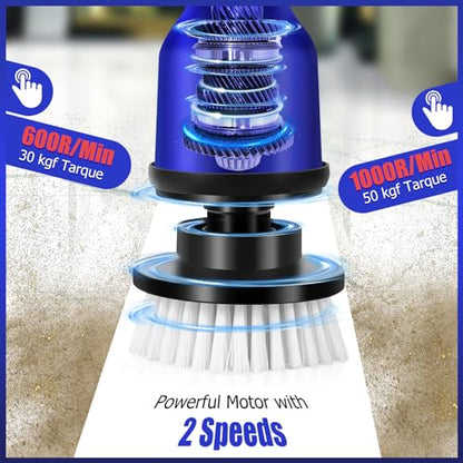 2 Batteries Electric Cleaning Brush for Bathroom, 1200RPM Power Cordless Spin Scrubber with 6 Replaceable Brush Heads and Telescopic Handle, 2 Speeds for Shower Bathtub Kitchen Window Car