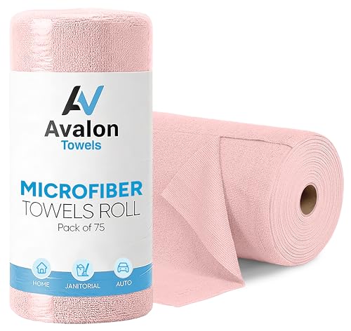 Avalon Towels Microfiber Cleaning Cloth Roll (Value Pack of 75) - Size 12x12 Inches, Highly Absorbent and Reusable Microfiber Towel Rolls, Lint and Streak Free Cleaning Cloths for Home - color: Pink